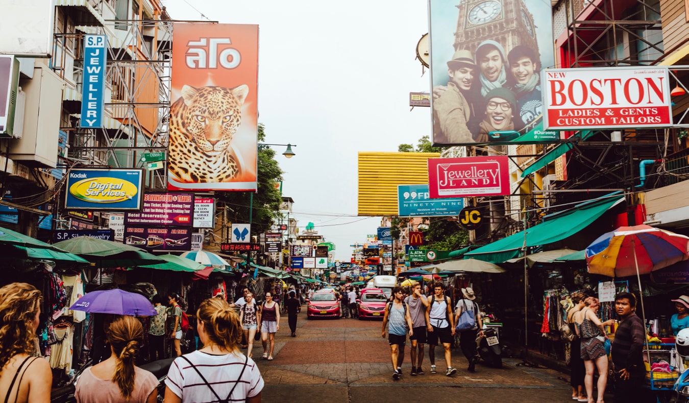 The busy street of Khao San Road in Bangkok, Thailand