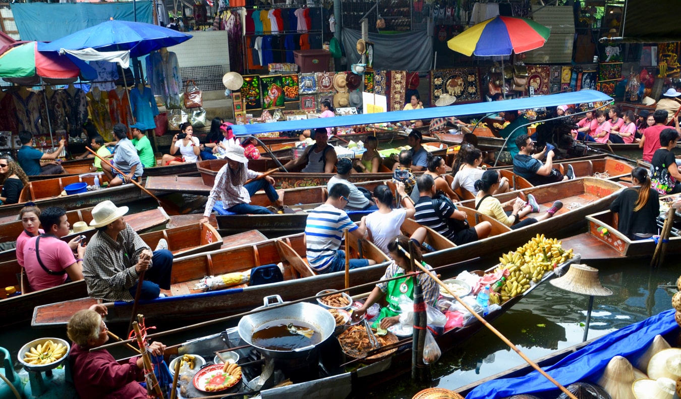 The busy floating market in Bangkok, Thailand