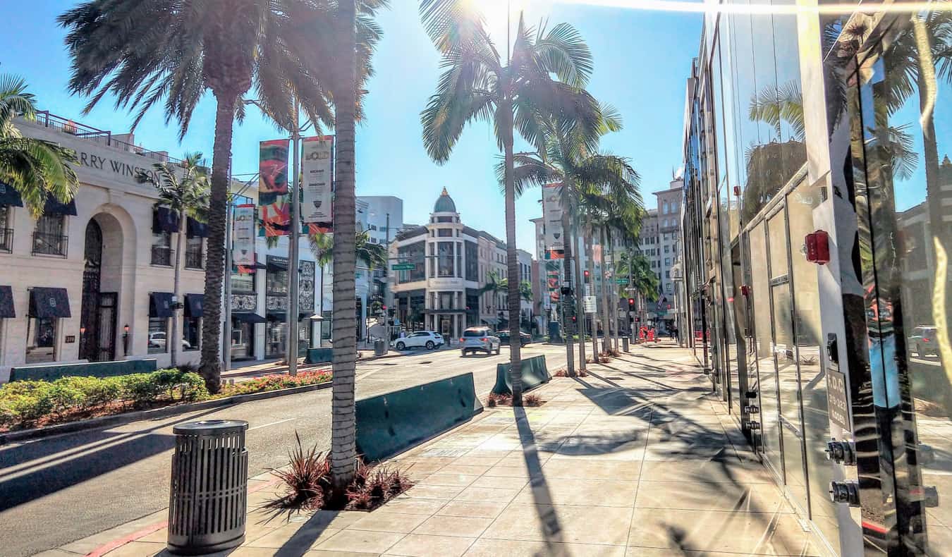 A luxurious shopping street in Beverly Hills, Los Angeles on a sunny summer day