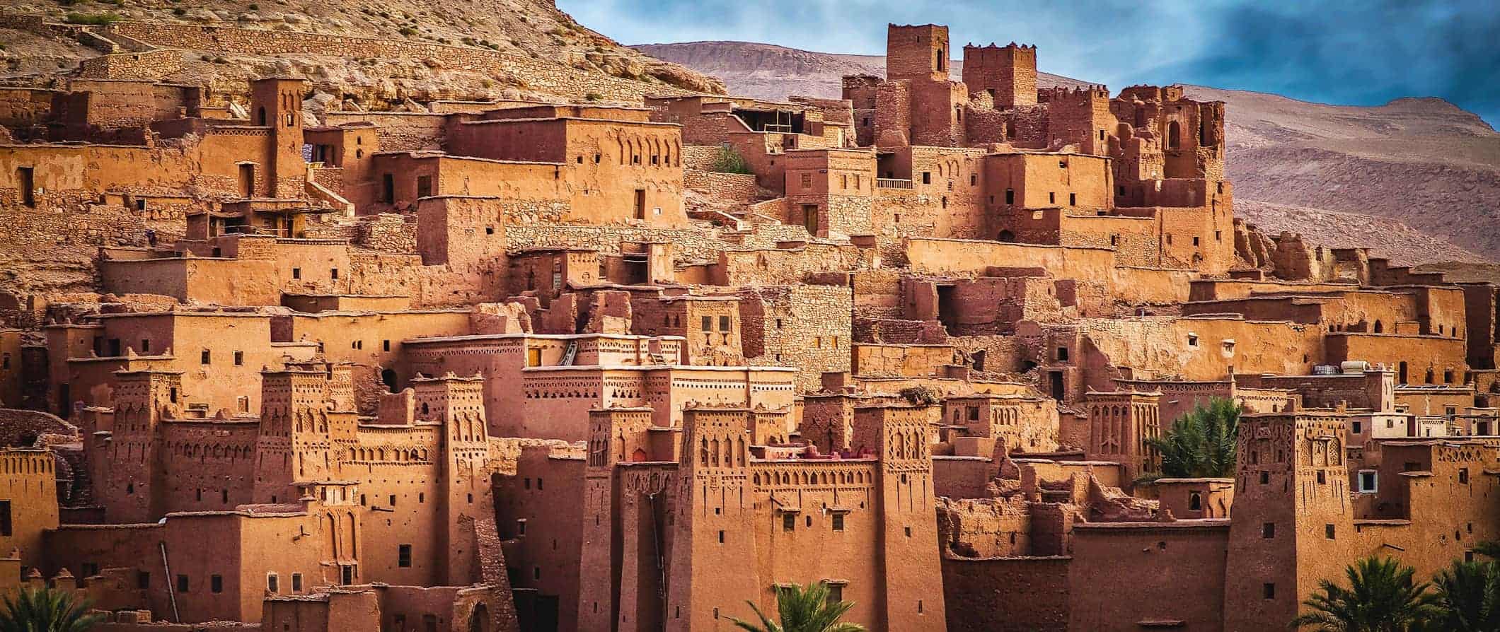 Traditional sandstone buildings along the ridge of a slope in beautiful Morocco