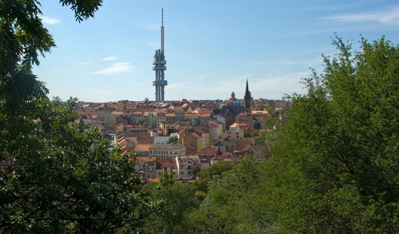 The TV tower in Zizkov looking over the city of Prague, Czechia