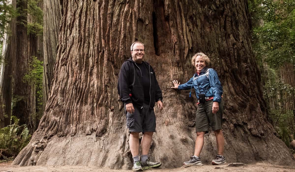 Tom and Kristin, two retired senior travels posing near a redwood tree