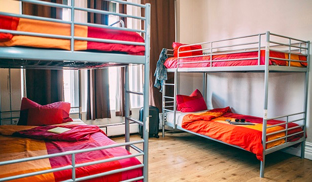 The bunk beds in a dorm room in the HI Hostel in downtown San Diego, California