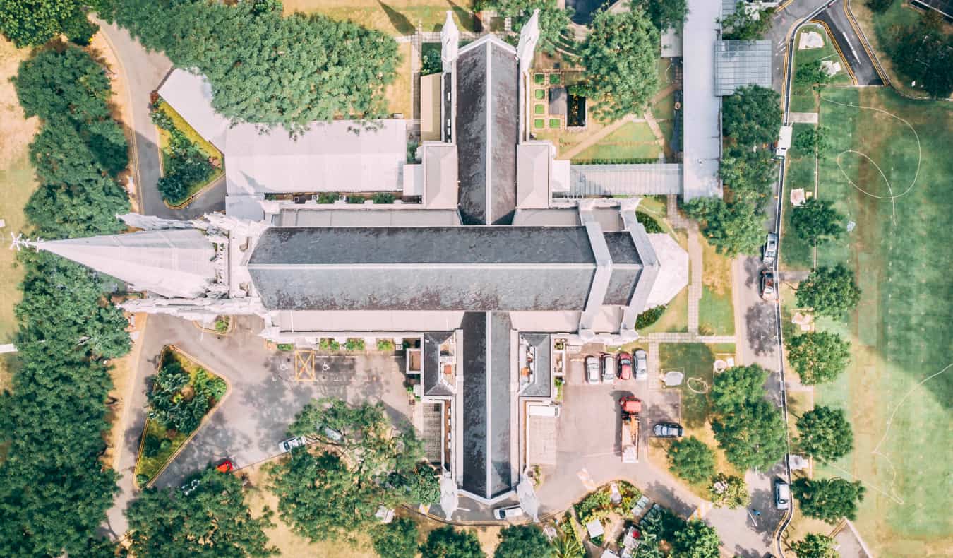 A drone shot of Saint Andrew's Cathedral in Singapore