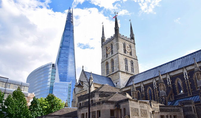a skyscraper and a cathedral in Southwark