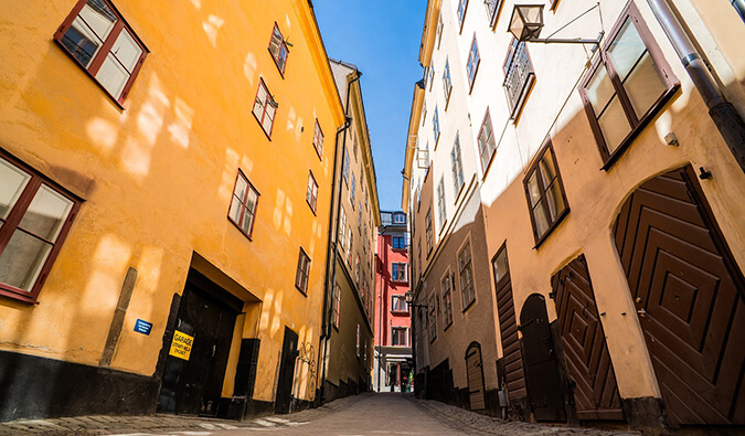 colorful buildings in Stockholm taken from a low vantage point