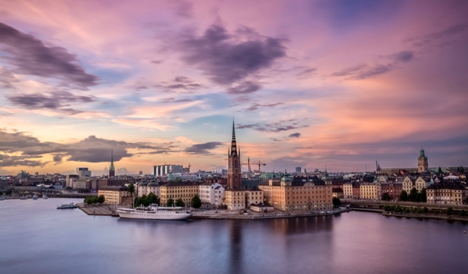 A long-exposure photo of Stockholm, the capital of Sweden, at sunrise