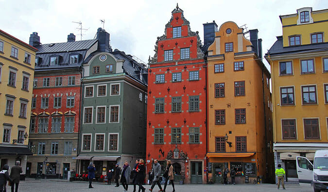 colorful Swedish buildings on a busy high street