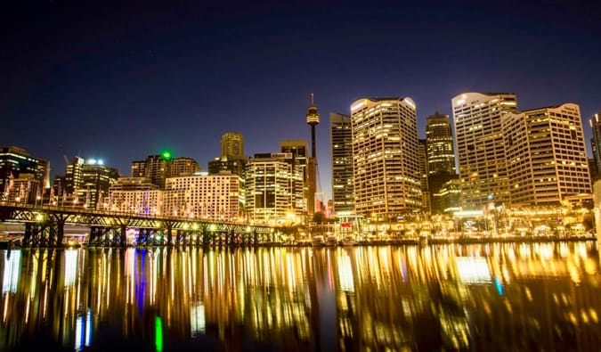 The stunning vista of Darling Harbour at night in Australia