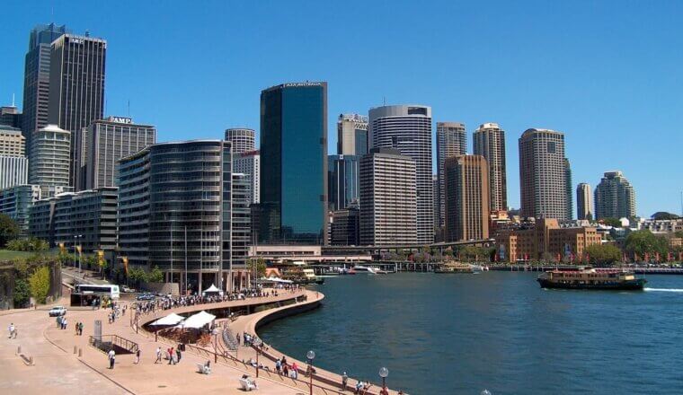 Skyscrapers along the waterfront in Sydney, Australia on a bright and sunny day