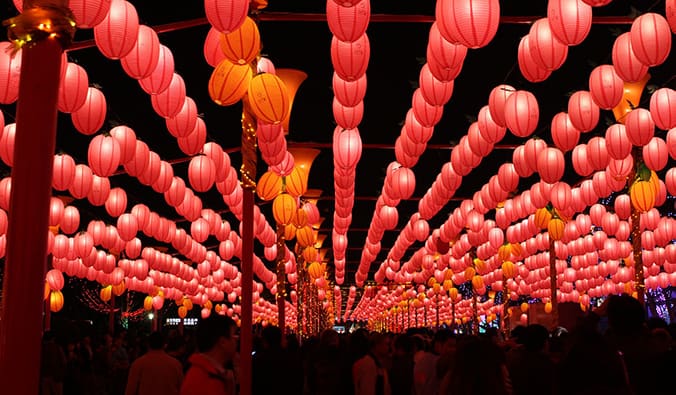 red overhanging lanterns at the Taiwan Pingxi Lantern Festival