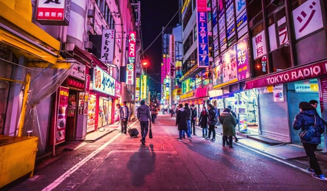A colorful photo of the bright lights of Tokyo, Japan at night