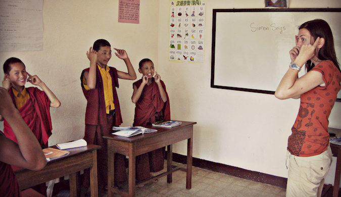 Shannon O'Donnell teaching English to child monks in Asia