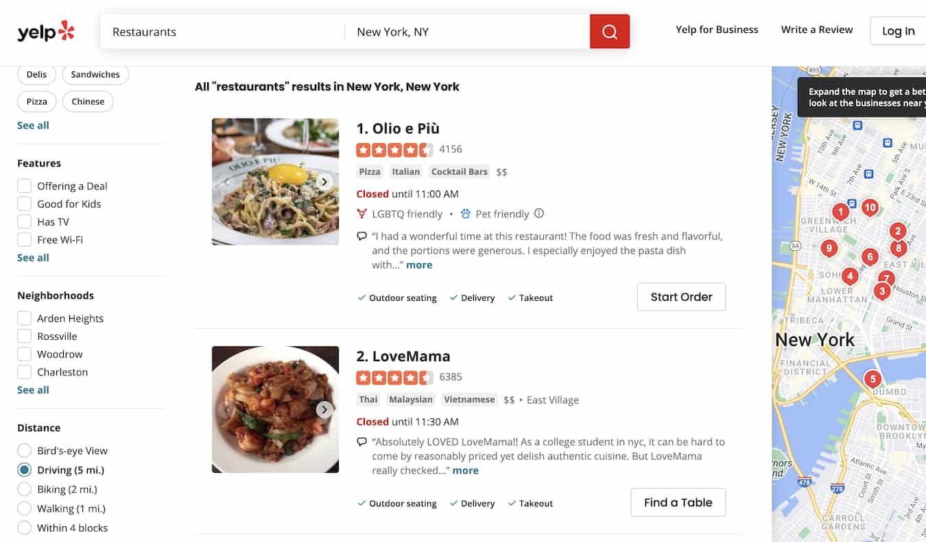 Yelp screenshot for restaurants in NYC